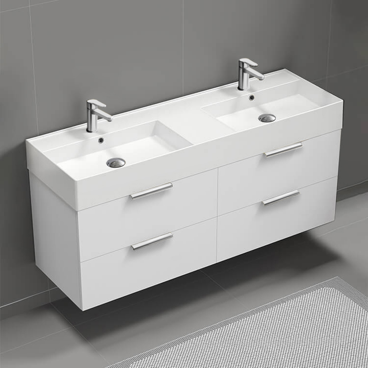 Bathroom Vanity Double Floating Bathroom Vanity, Modern, 56 Inch, Chrome Handles Nameeks DERIN238